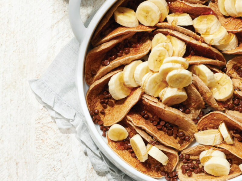 Banana Pancake Casserole with Chocolate Chips in a white 3-quart casserole dish