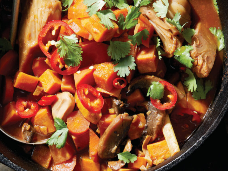 Five-Spice Sweet Potato and Jackfruit Stew in a cast-iron skillet