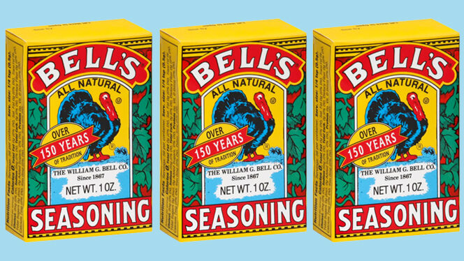 Three boxes of Bell's Poultry Seasoning on a solid blue background