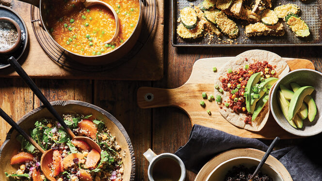 a few different easy dishes made with quinoa, including a lentil soup, quinoa-coated tempura, a grapefruit and quinoa salad, and tacos stuffed with a quinoa filling