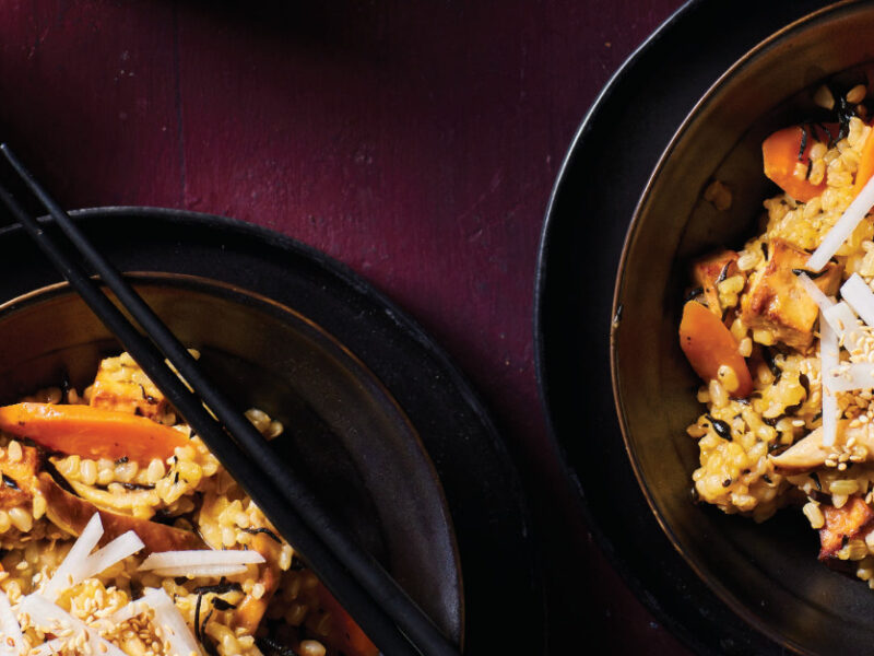 Two bowls of Japanese Brown Rice with Hijiki, Tofu, and Vegetables