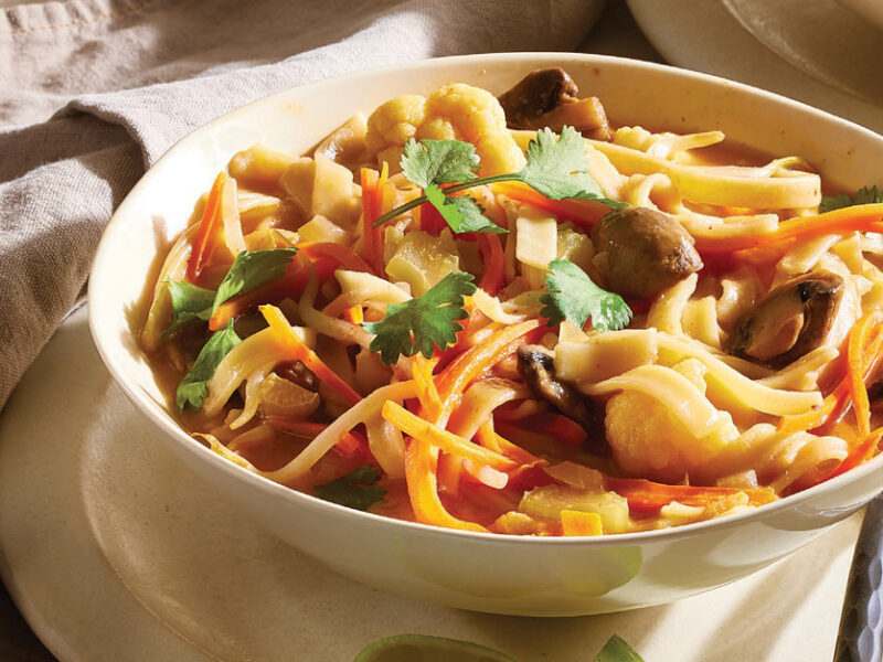 Closeup of Coconut Curry Noodle Bowls with Mushrooms