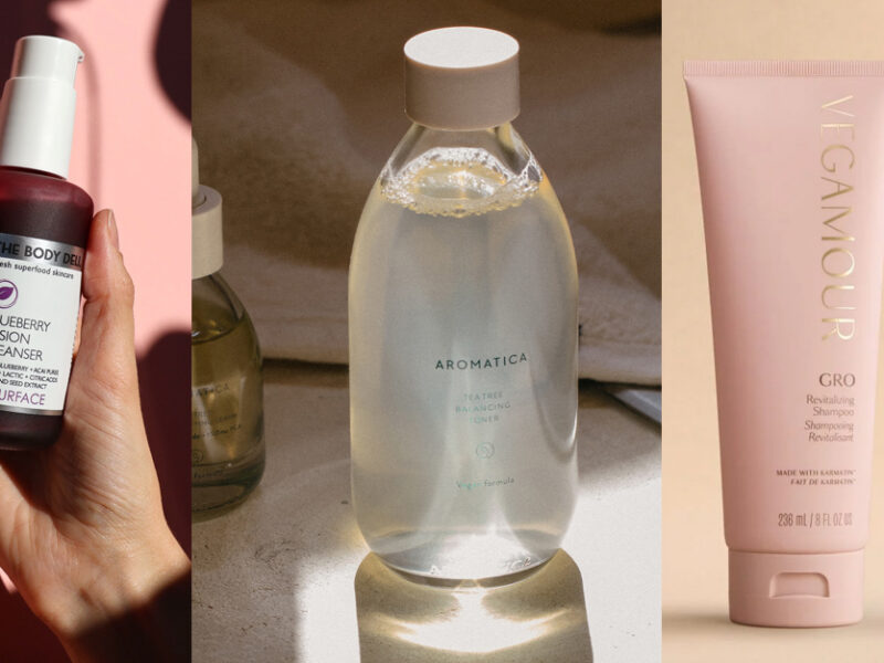 Three photos showing clean vegan beauty products that plant-based pros like