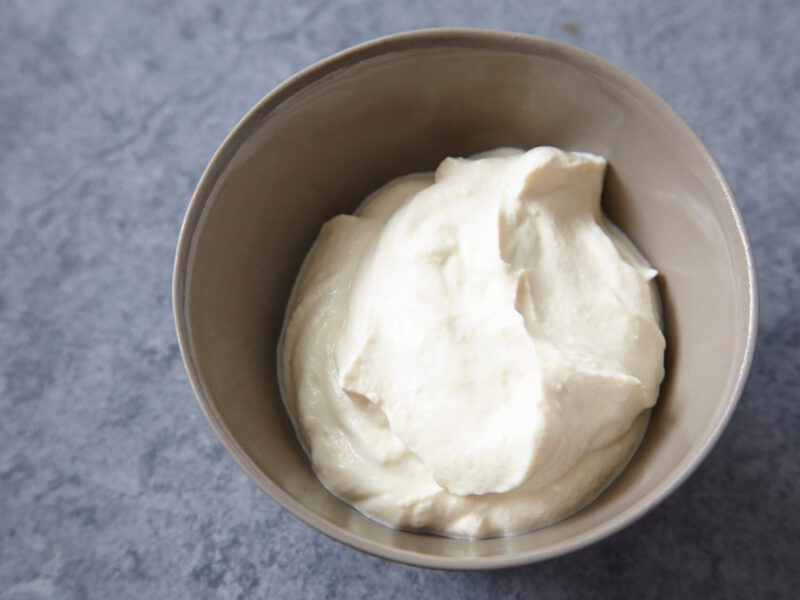 View down into a bowl of vegan sour cream
