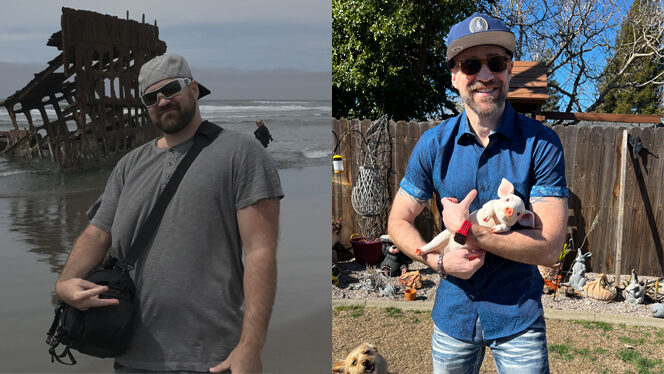 Paul Floyd before and after adopting a plant-based diet for gout, prediabetes, and high blood pressure - on the left he stands on the beach, on the right he holds a piglet and smiles