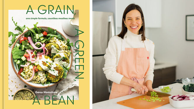 Two side by side photos - on the right, dietitian Gena Hamshaw stands in a kitchen wearing an apron and slicing scallions while smiling, on the left is the cover of her cookbook A Grain, a Green, a Bean, showing a nutritious vegan meal