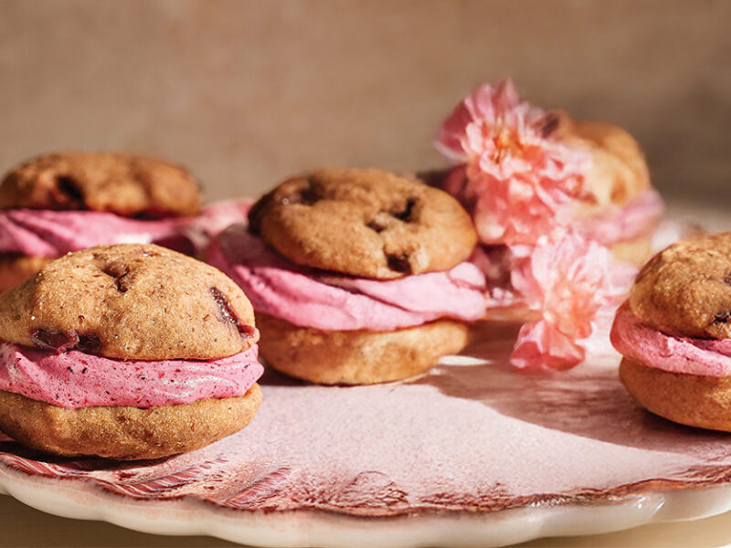 Five Cherry Berry Whoopie Pies on a pink napkin on a plate