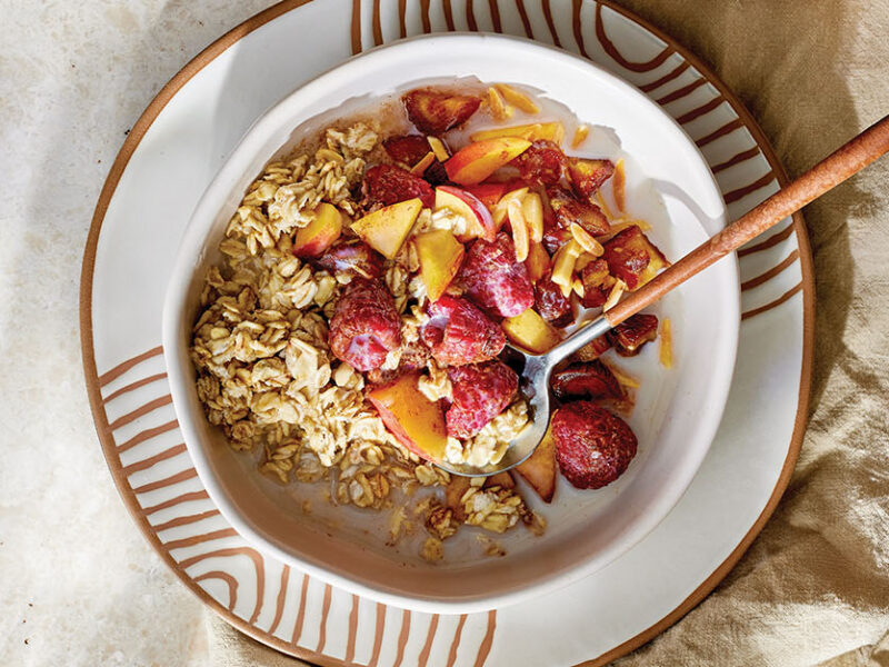 A bowl of Peach Raspberry Overnight Oats