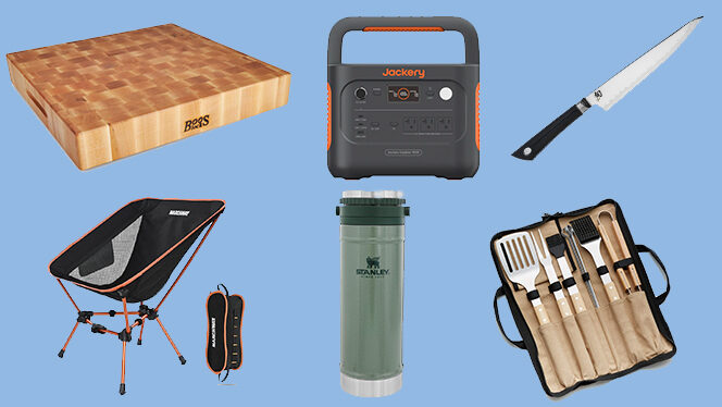 A collage of gift ideas for Father's Day and graduation, including a Boos wooden chopping board, Stanley travel mug, chef's knife,