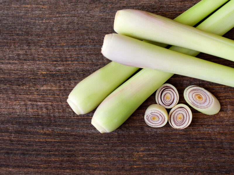 Four stalks of lemongrass shown close up, with a few rounds of sliced lemongrass lying beside them
