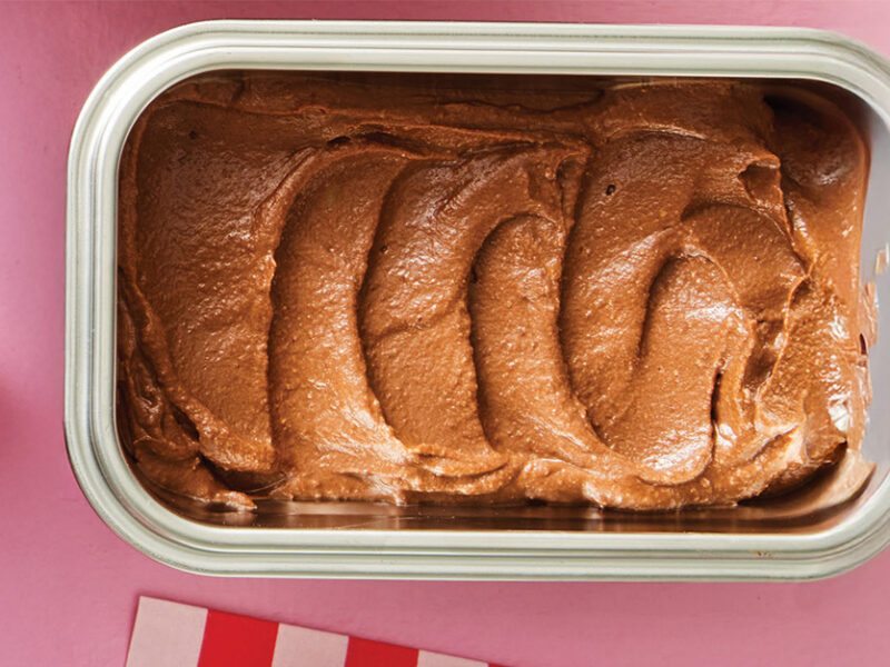 Dark Chocolate Almond Nice Cream against a pink background