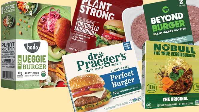 A collage features five different store-bought veggie burger options, including Hodo Burger, Dr Praeger's, Plant Strong, Beyond, and NoBull