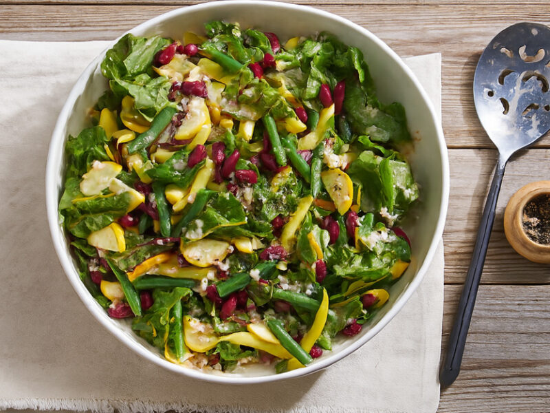 Green Beans and Summer Squash Salad on a folded cloth napkin on wooden table