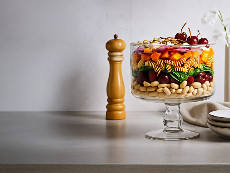 Spinach-Cherry Pasta Salad with Poppy Seed Dressing in a large glass serving bowl, so you can see the colorful layers of ingredients