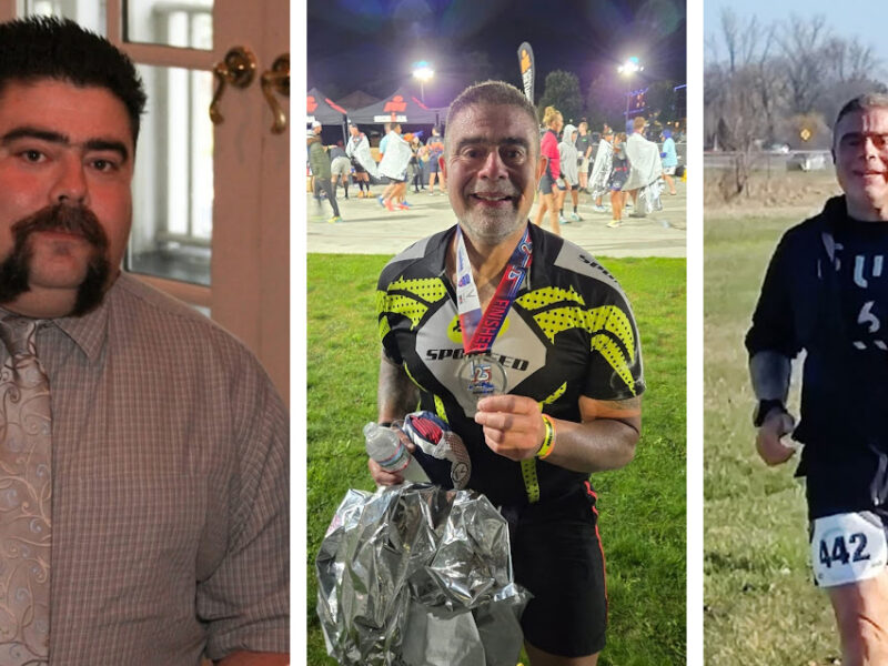Three photos of Tim Kaufman showing him before and after his plant-based journey; in the first photo, he poses inside wearing a dress shirt and tie; in the second and third photos he completes marathons and has lost significant weight