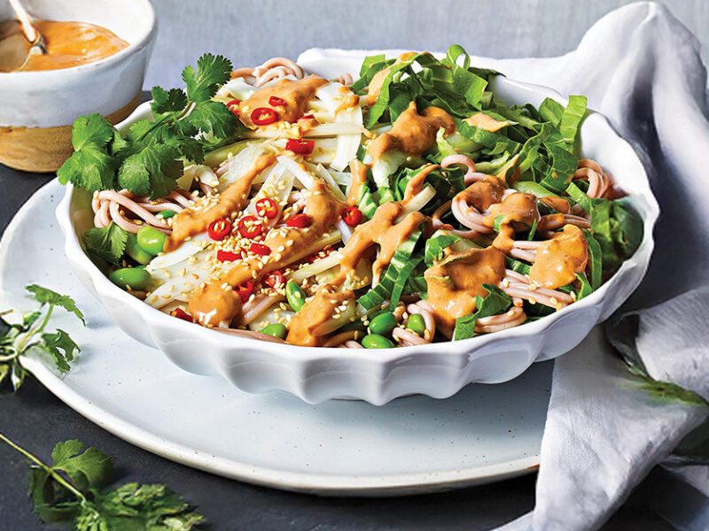 Spicy Soba Bowls with Bok Choy in a white bowl on a white plate