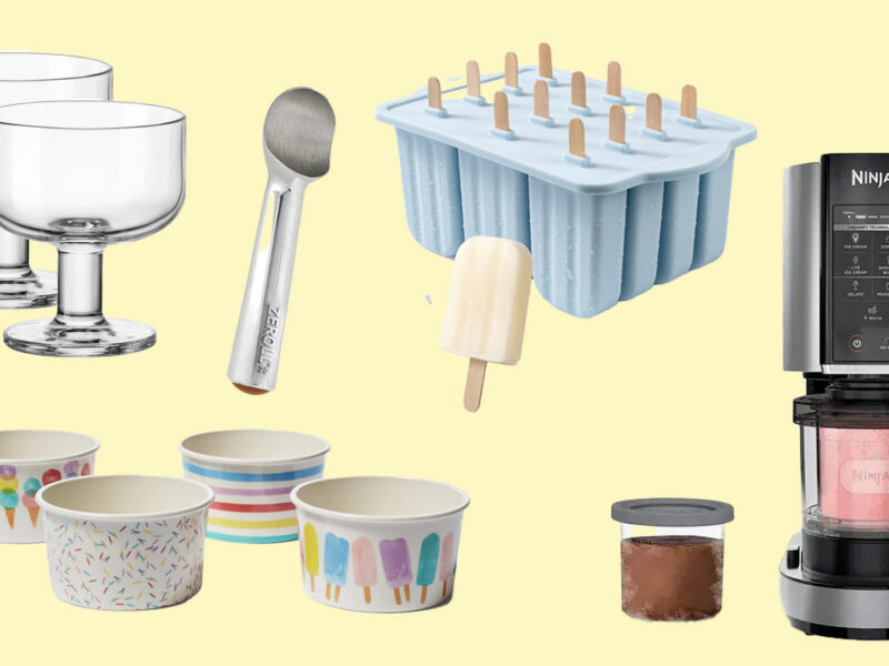 A collage of gadgets and serveware used to make ice cream, including the Ninja Creami ice cream maker, silicone popsicle molds, and ice cream scoop, and colorful and glass serving bowls