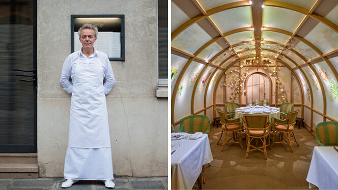 Two photos, on the left, Chef Alain Passard poses in his white apron outside his almost-all vegan Michelin star restaurant L'Arpege, on the right, a view of inside L'Arpege, with a curved ceiling and storybook accents