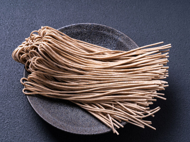 soba noodles on a gray plate