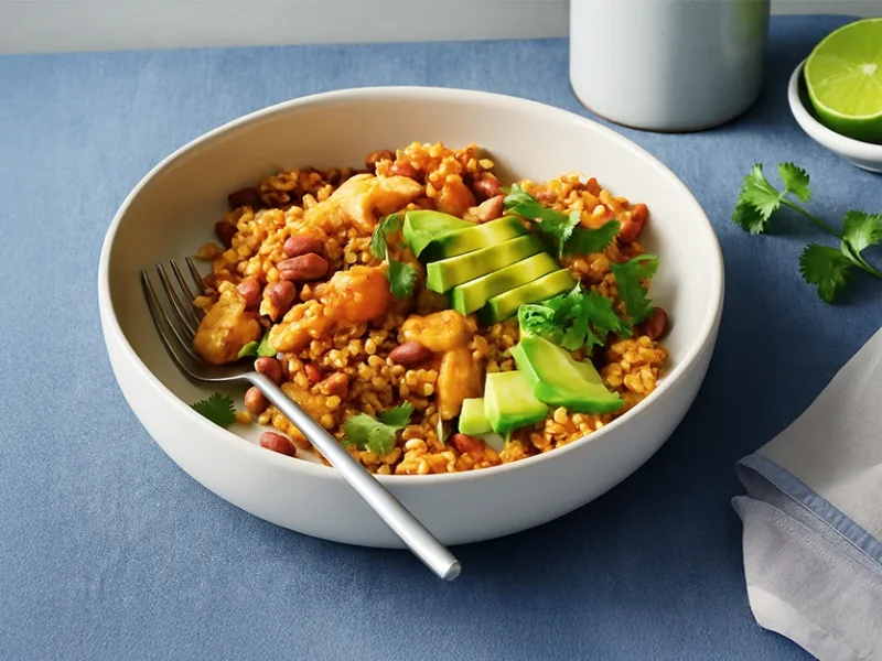Red Beans and Rice Casserole with Plantains in a white bowl topped with sliced avocado