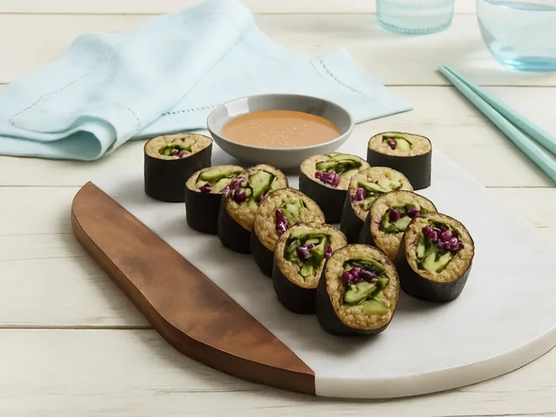 A wooden chopping board with sushi rolls and a small bowl of dipping sauce