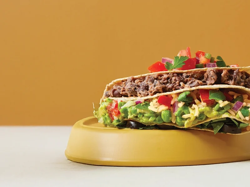 A Fold-Up Rice and Black Bean Quesadillas on an upturned plate against a mustard background
