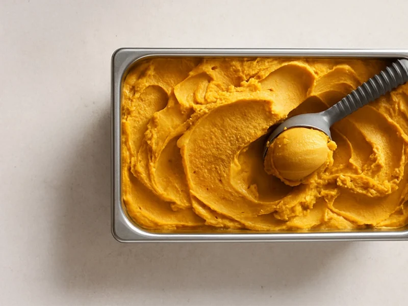 A stainless tray of pumpkin ice cream with ice scoop