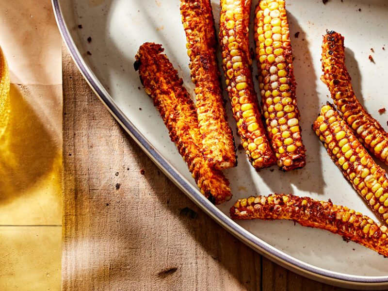 Spiced corn ribs cooked in the oven on a platter