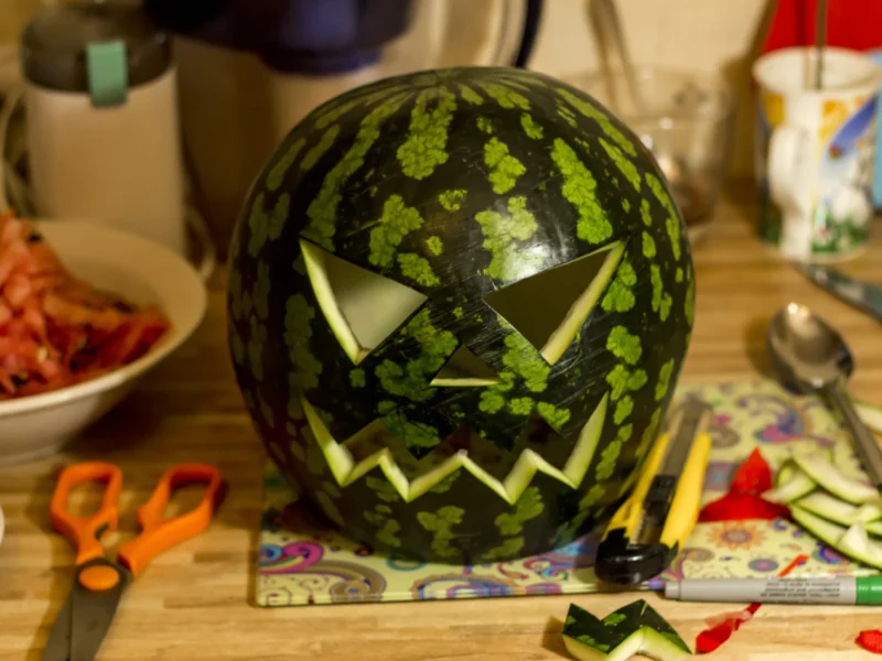 A watermelon with a face cut into it like a jack-o-lantern, surrounded by crafting supplies on a kitchen counter as a Halloween party food idea