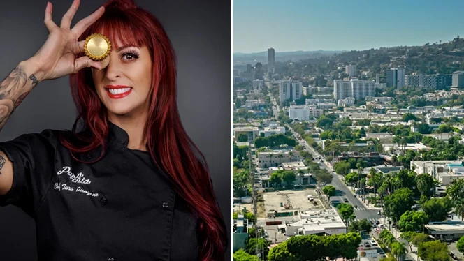Headshot of Pura Vita Chef Tara Punzone (shot by Heidi Calvert) beside an aerial view of Punzone's neighborhood of West Hollywood