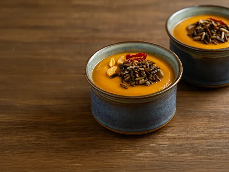 Two rustic pottery bowls of Harvest Moon Squash Soup on a smooth wooden table