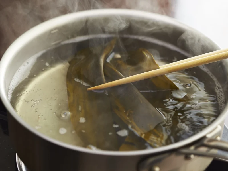 Vegan kombu dashi broth in a pot of water, with chopsticks lifting the dashi out of the pot