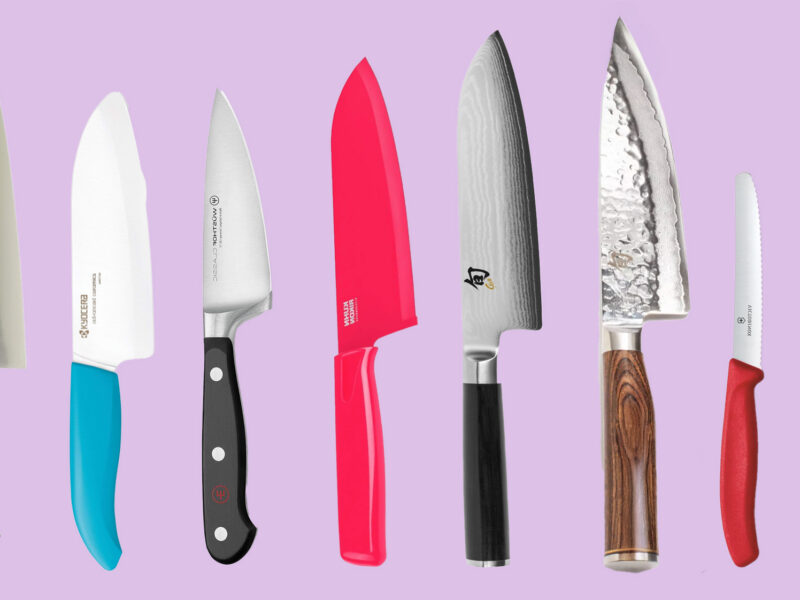 A collection of different knives against a pink background