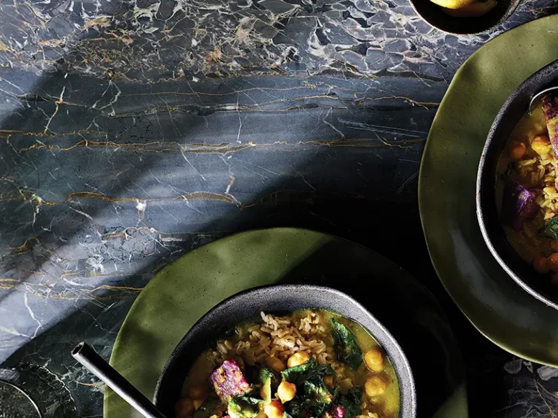 Purple sweet potato recipe with two bowls Purple Sweet Potato and Spinach Stew