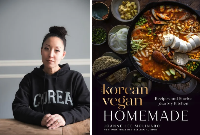 headshot of Joanne Lee Molinaro in a hoodie that says "Corea," next to a photo of her new cookbook, The Korean Vegan Homemade