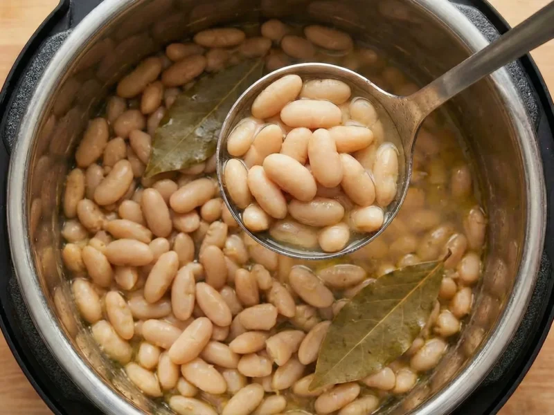 top down view of Instant Pot cannellini beans, with the Instant Pot visible below a ladle full of the cooked beans