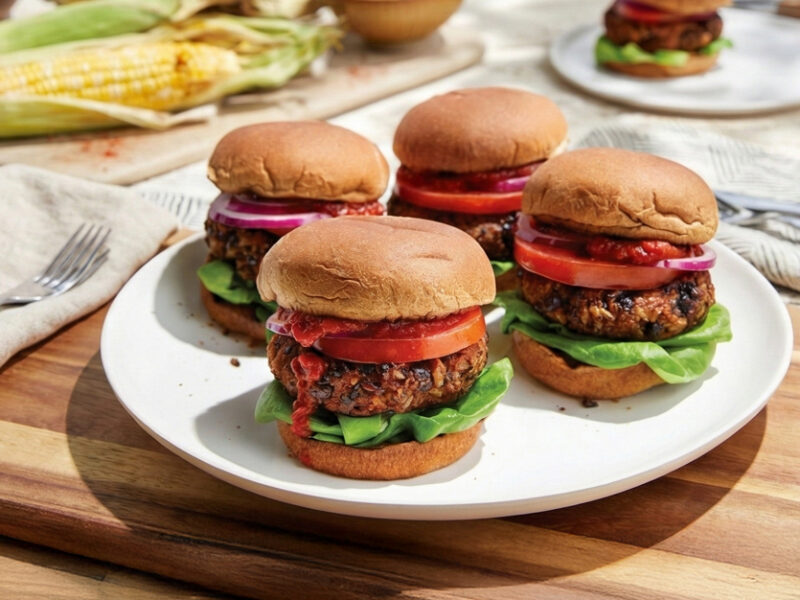 Four Grilled Black Bean Burgers on a large white plate on a chopping board