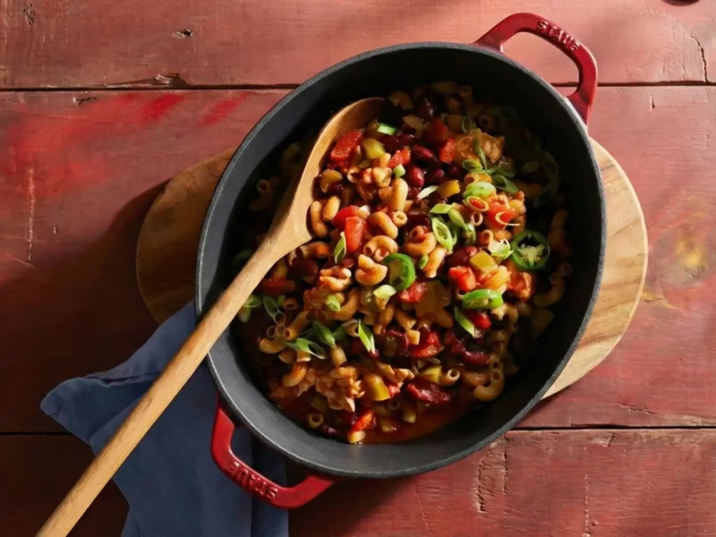 A dutch oven of One-Pot Spicy Tempeh Chili Mac with a wooden spoon