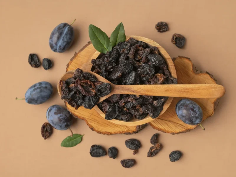 a bowl of prunes shown next to a few fresh plums on a wooden surface