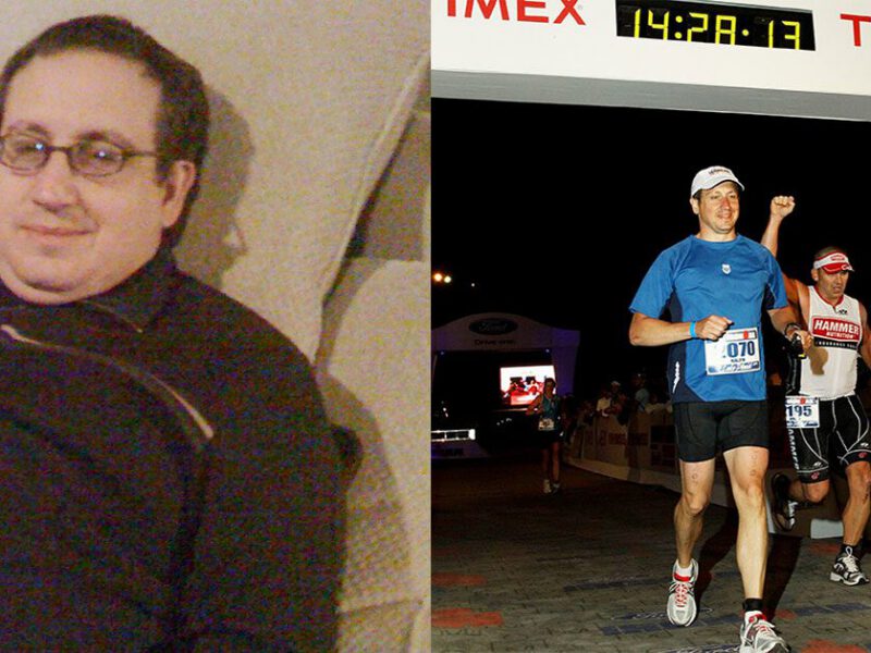 An overweight male surgeon rests on his couch. In the photo adjacent, the same man is trim, and finishing a triathlon