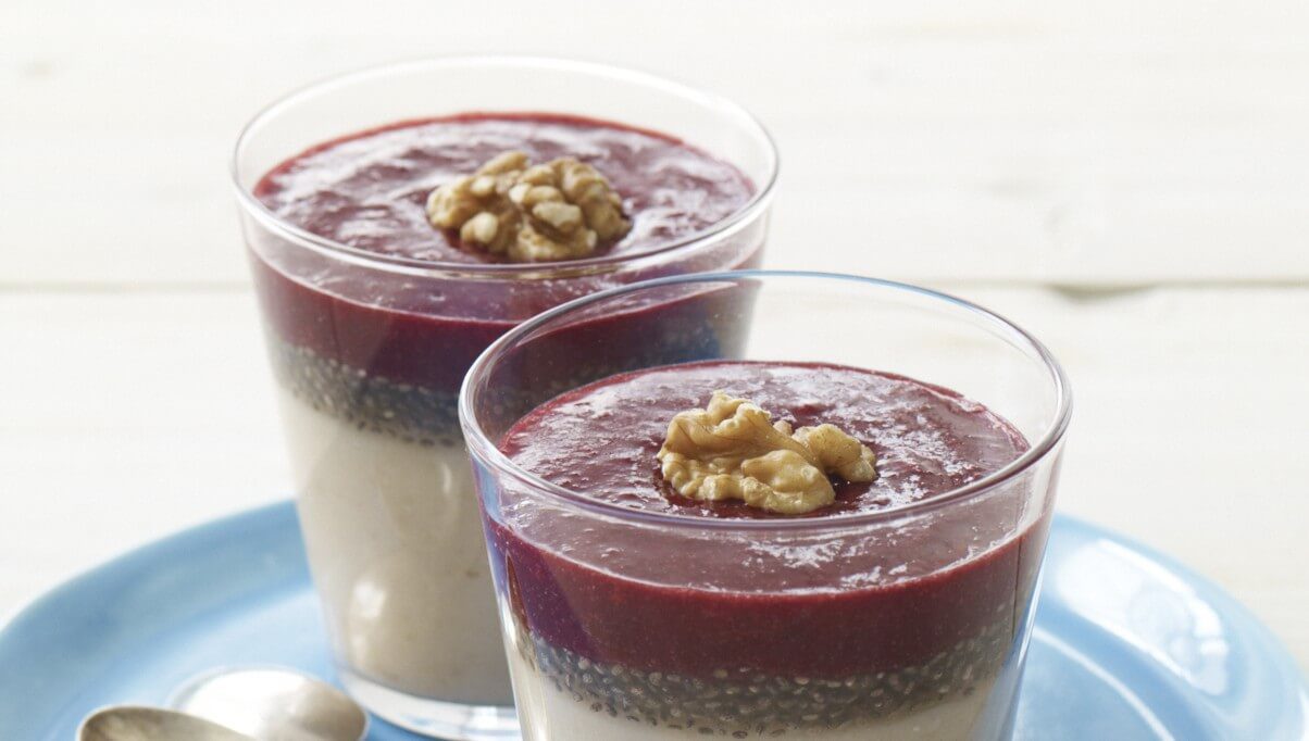 The layers of this vegan rice pudding recipe have a lovely effect when you taste it, with creamy pudding, crunchy chia seeds, and sweet-tart berry sauce.