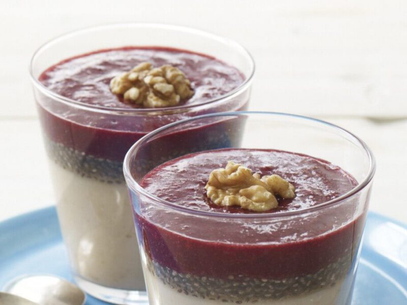 The layers of this vegan rice pudding recipe have a lovely effect when you taste it, with creamy pudding, crunchy chia seeds, and sweet-tart berry sauce.