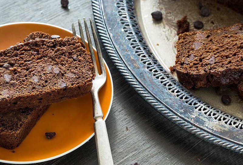 Two slices of Chocolate Pumpkin Loaf on a plate