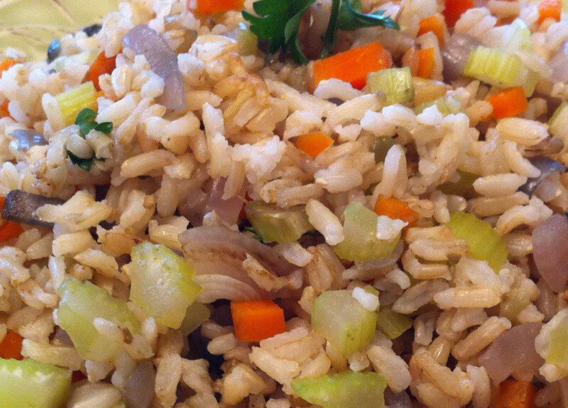 A closeup of a colorful plate of Tom's Plant-Based "Fried" Rice