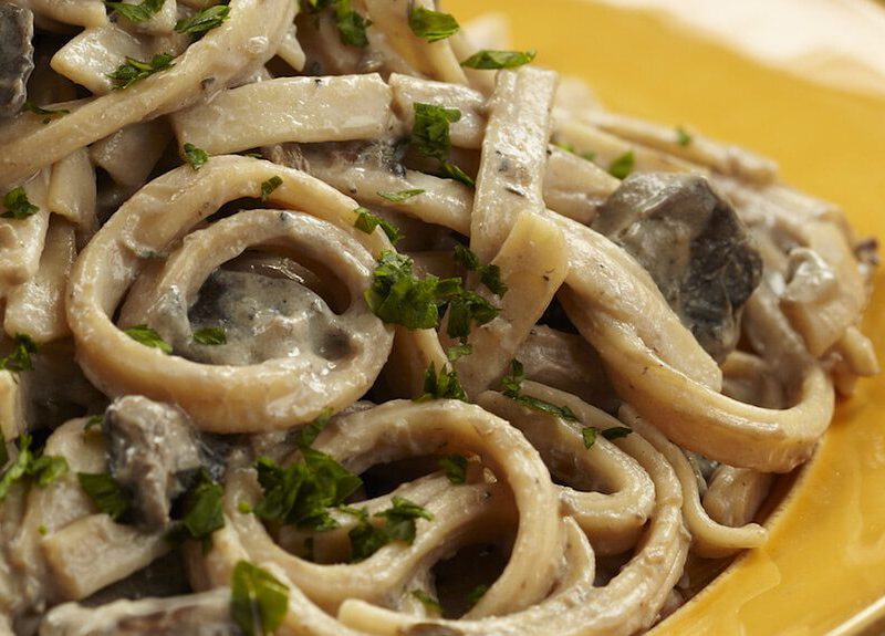Chef Del's Mushroom Stroganoff on a yellow plate