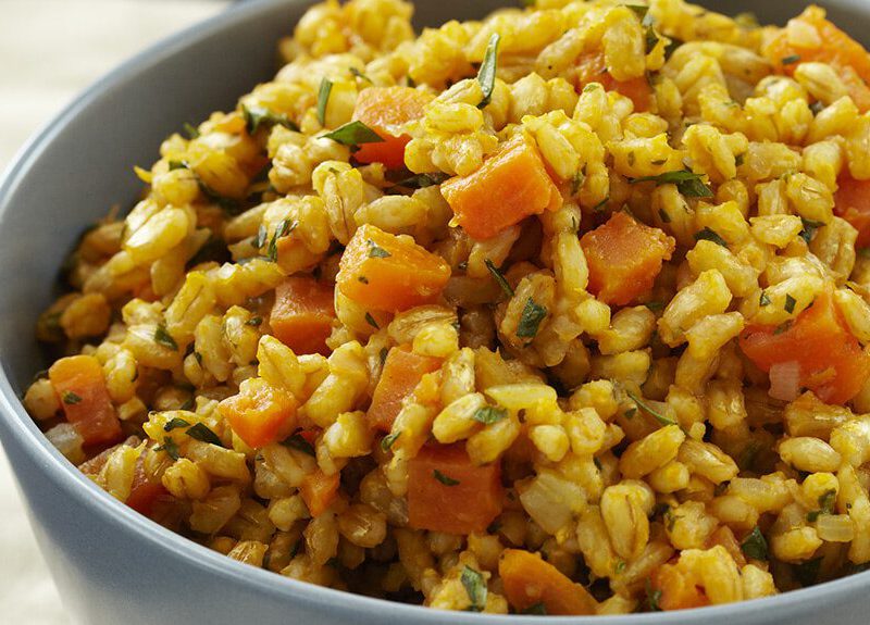 Barley and Sweet Potato Pilaf in a grey serving bowl