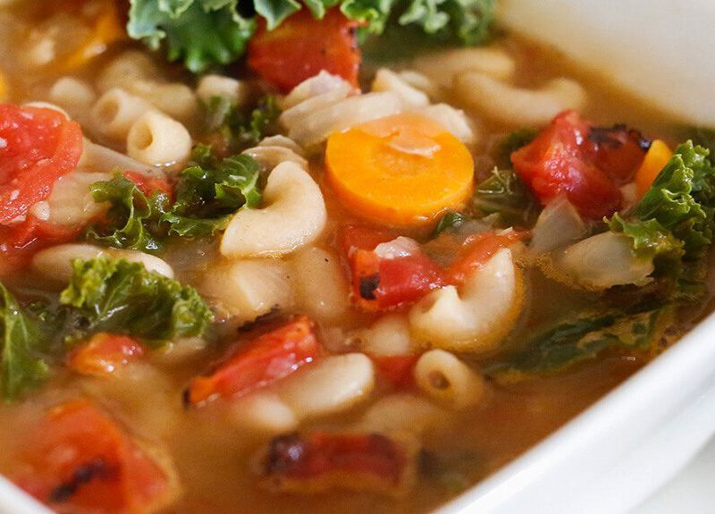 A square bowl of White Bean and Vegetable Soup