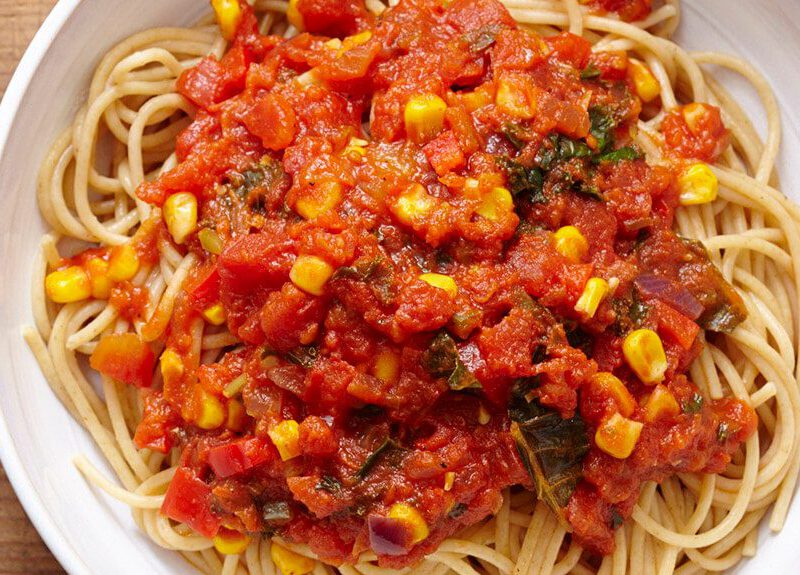 Rip's Pasta Primavera served over whole grain spaghetti