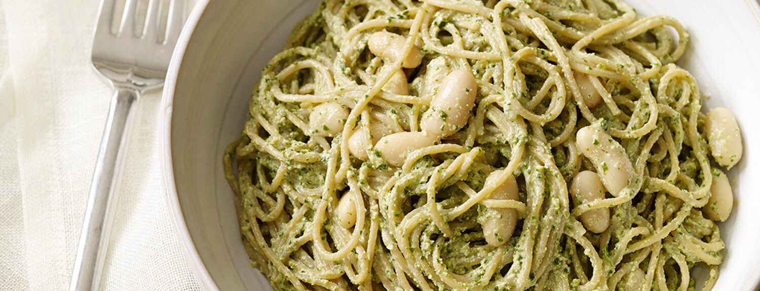 This quick and easy vegan pesto pasta recipe takes only about as long to put together as it takes to cook the pasta itself.