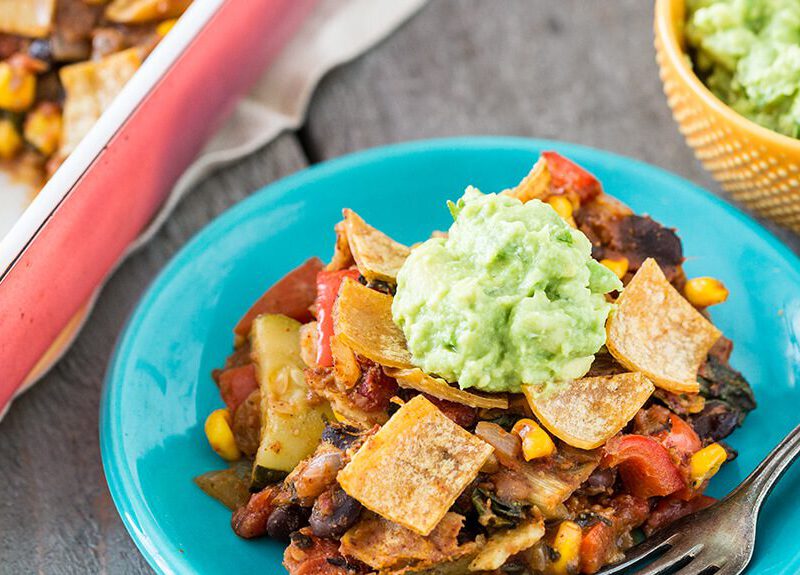 Filling and flavorful, this enchilada casserole is easier to make than enchiladas, since you don’t need to roll the tortillas or make a separate sauce.
